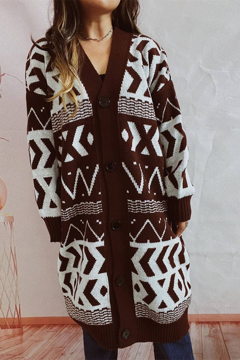 V-neck retro geometric long cardigan coat
