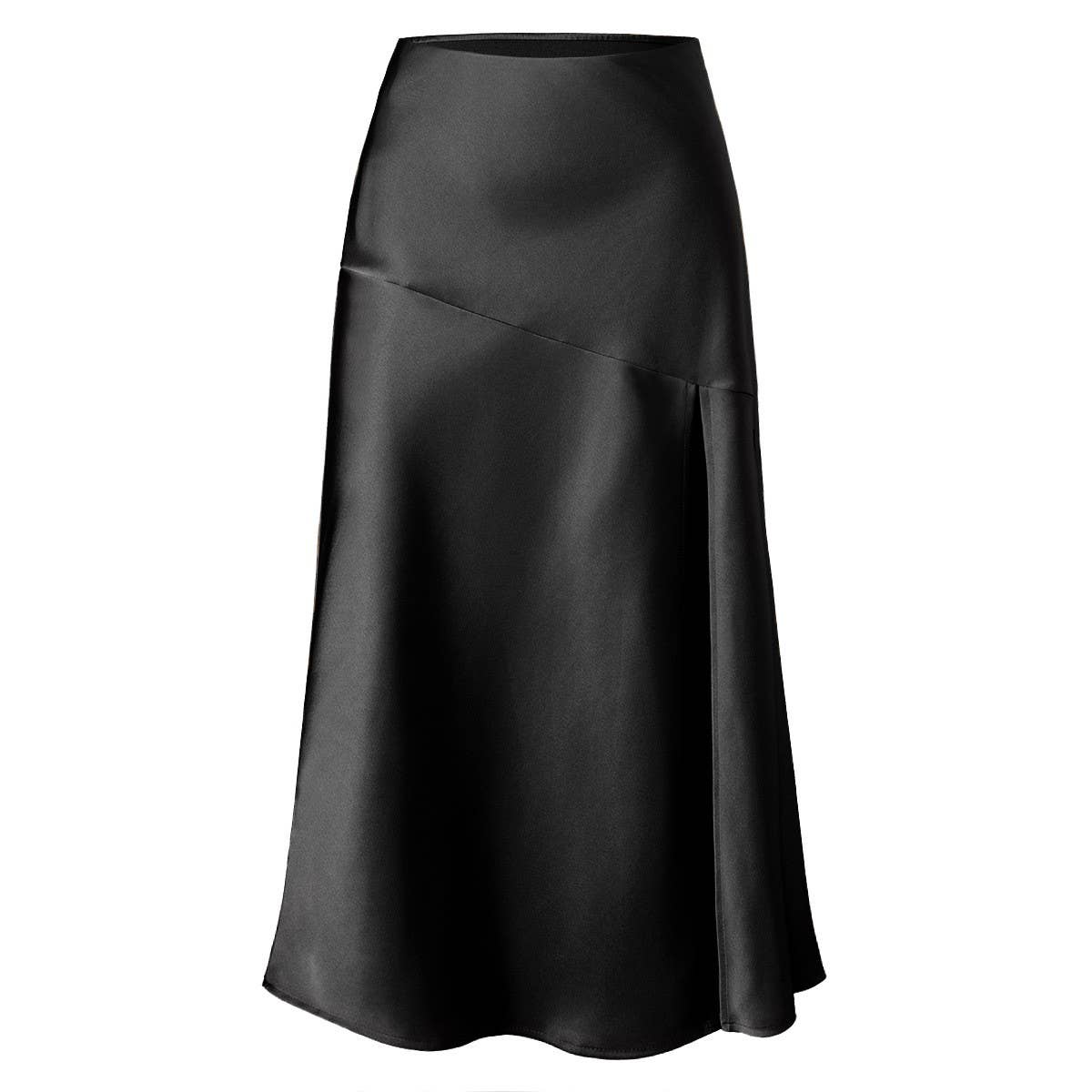 SATIN SKIRT HIGH WAIST ELASTIC SLIT LONG SKIRT