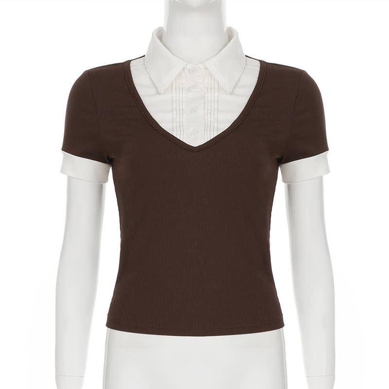 Spliced fake two contrasting color lapel T-shirts