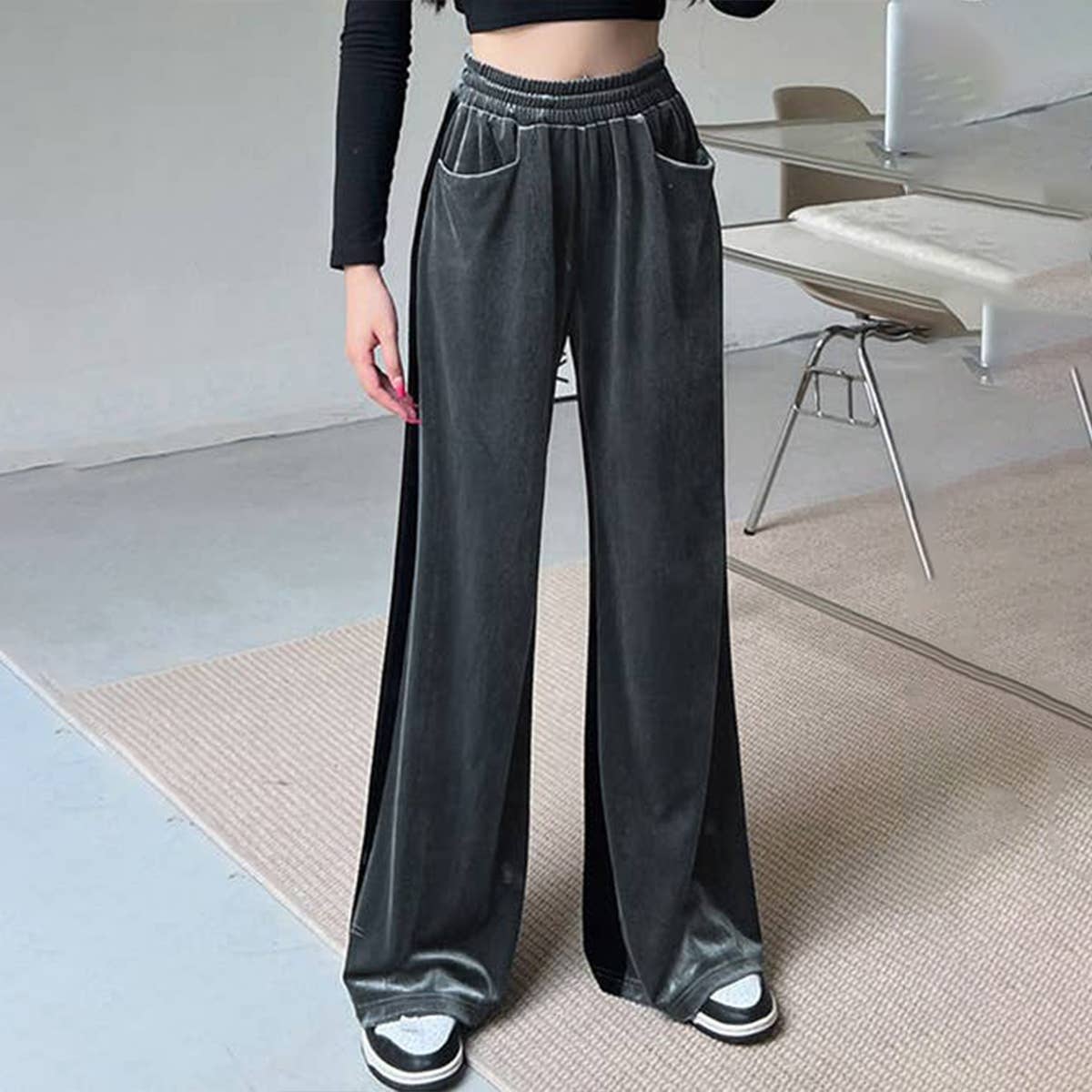 SUEDE WAIST WAIST FULL VERTICAL PATCHWORK PANTS