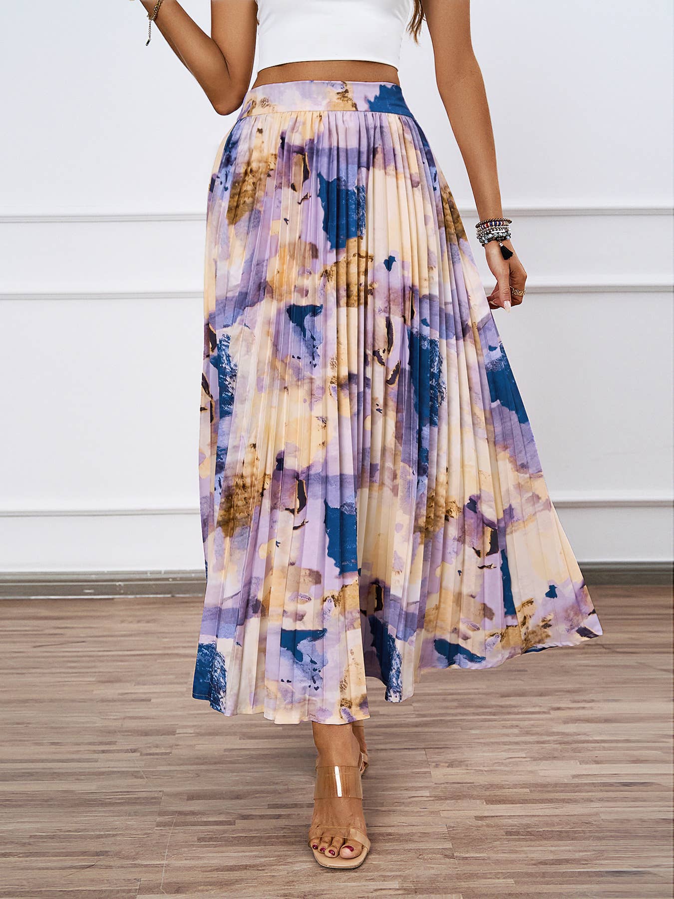 HIGH SENSE OIL PAINTING PRINTED PLEATED SKIRT