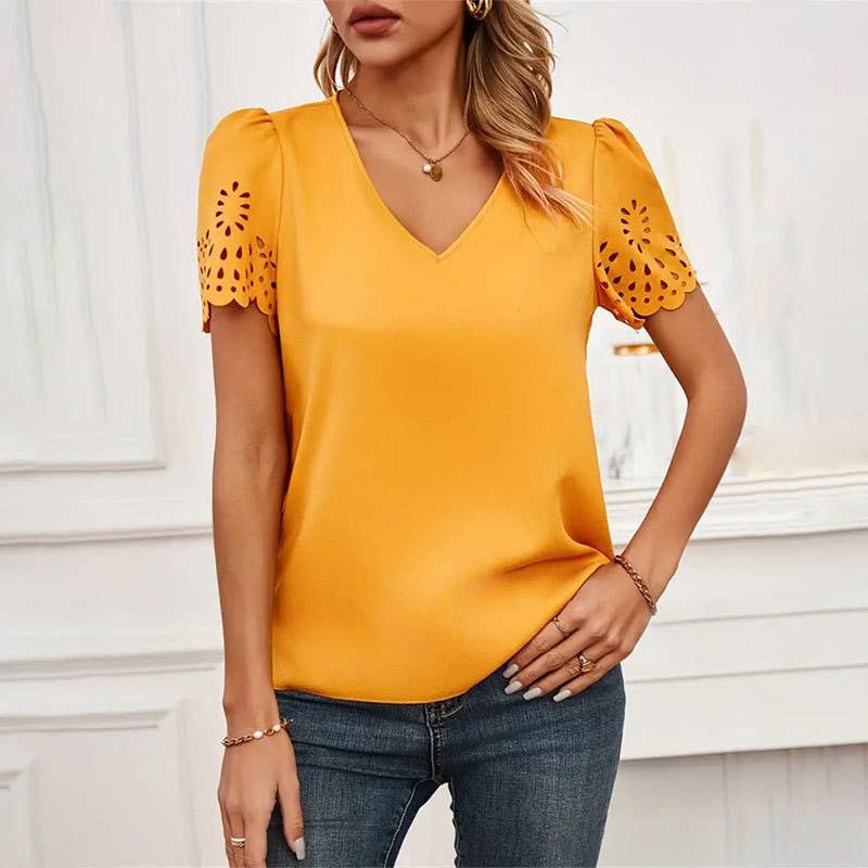 Solid color V-neck burn out blouse