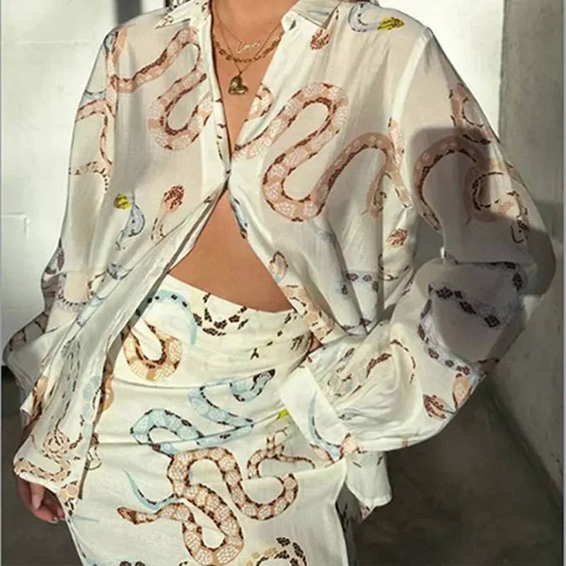 SNAKE PRINT SHIRT SLIT SKIRT LOOSE SUIT