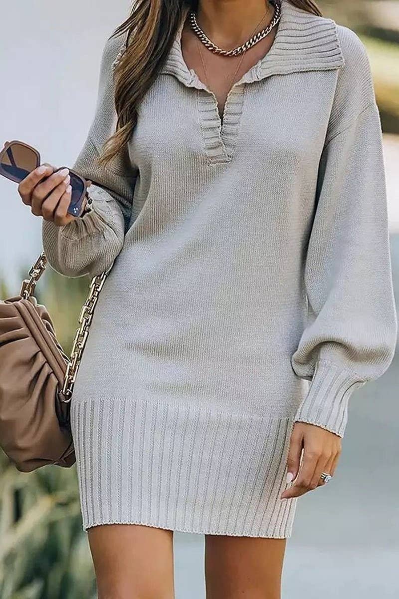 Lapel lantern sleeve loose knit dress