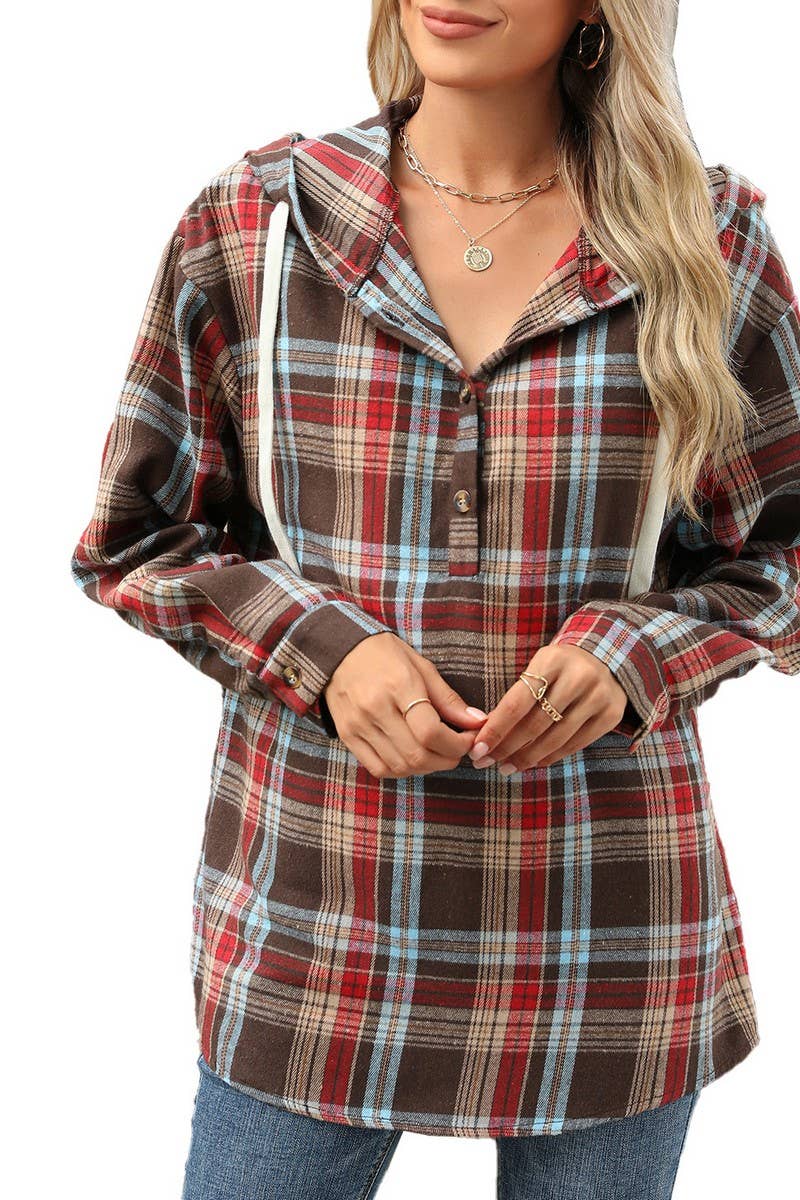 CWOHOL1113_AUTUMN AND WINTER PLAID LOOSE HOODED SWEATSHIRT
