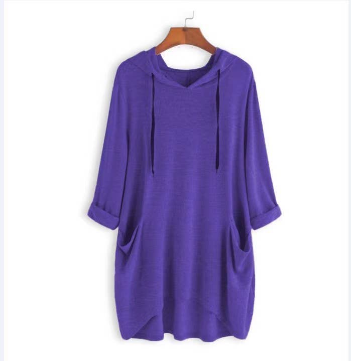 HOODED SOLID COLOR BAGGY IRREGULAR POCKET TOP