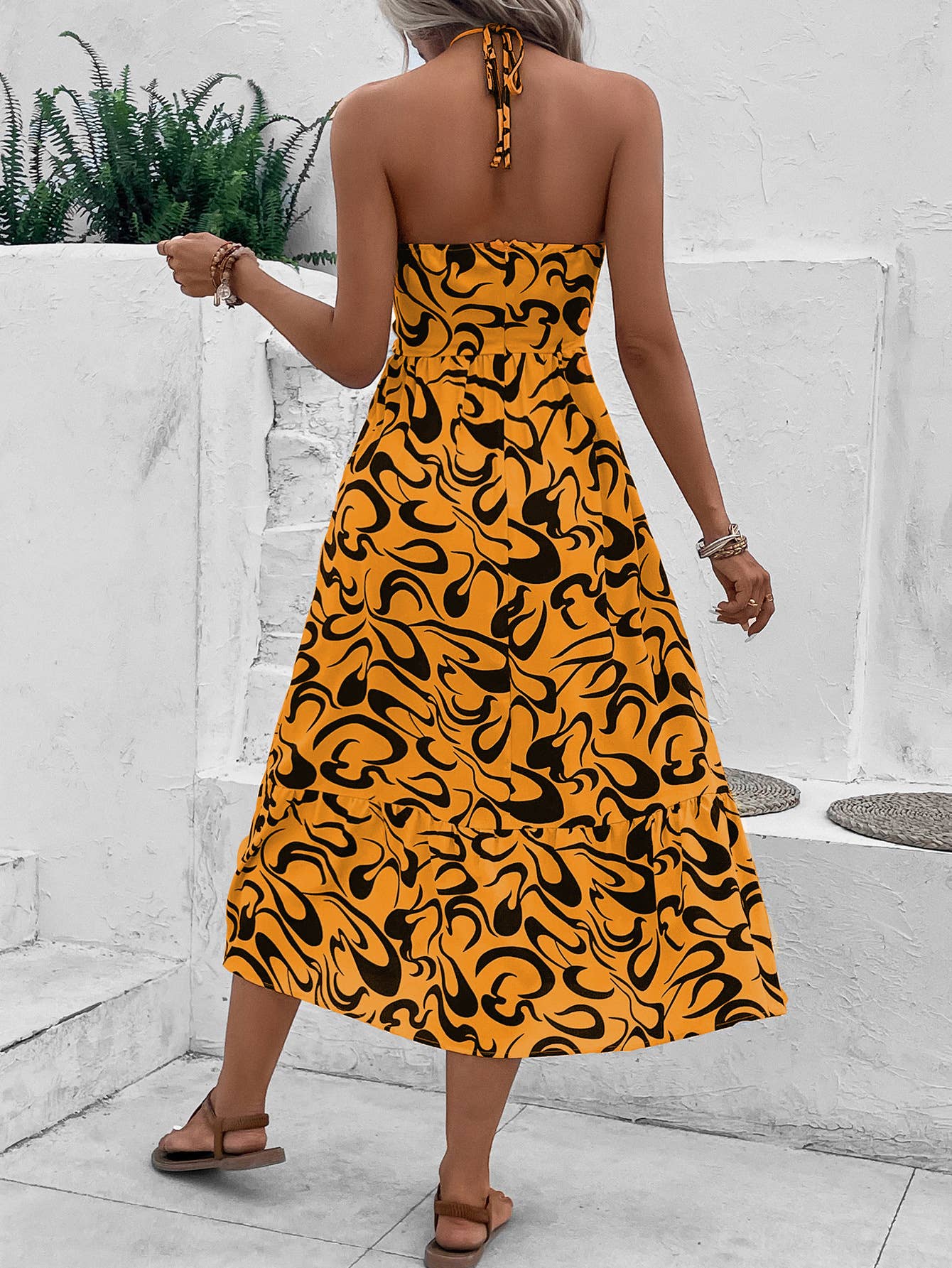 Sleeveless cross-halter high-waisted long dress