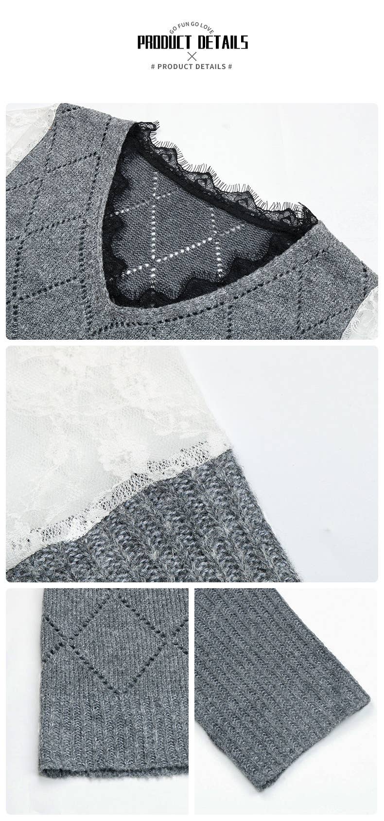 LONG SLEEVE LACE PATCHWORK FASHION BASE KNITWEAR