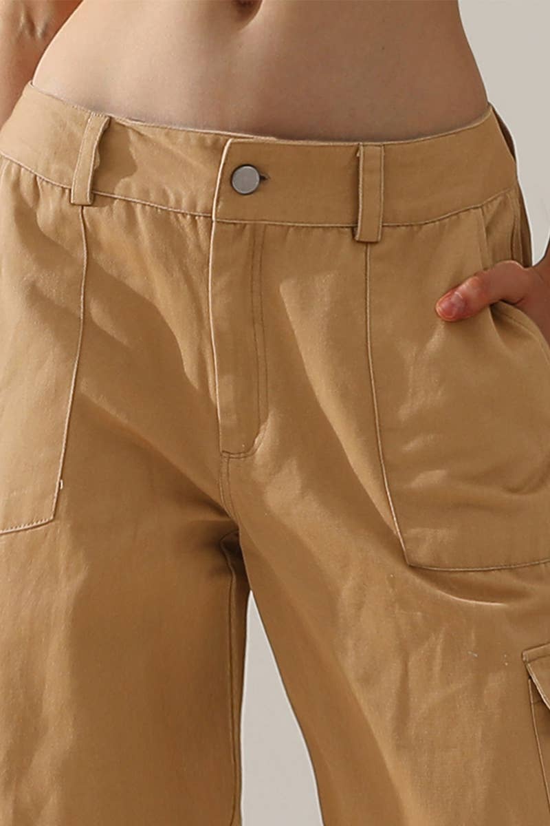 CWBLP421_Cargo Cotton Pants Wide Leg Casual Pants 4 Pockets