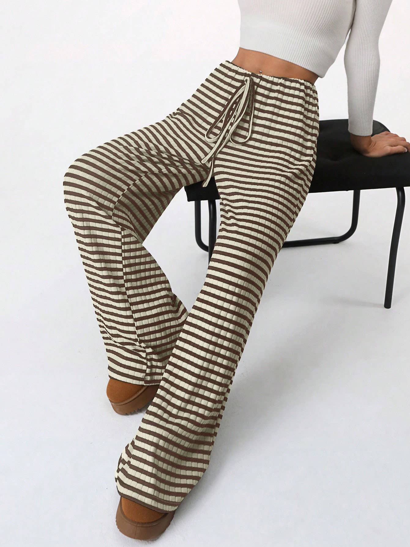 STRIPED RUBBER STRING COTTON STRAIGHT LEG PANTS