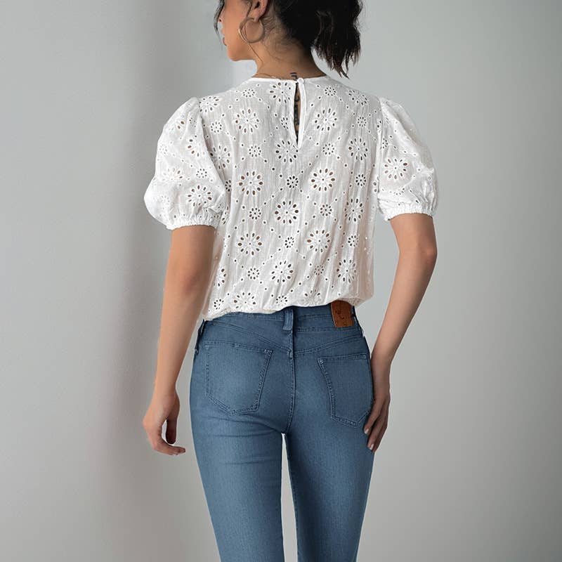 Tie front puff sleeve eyelet lace bodysuit