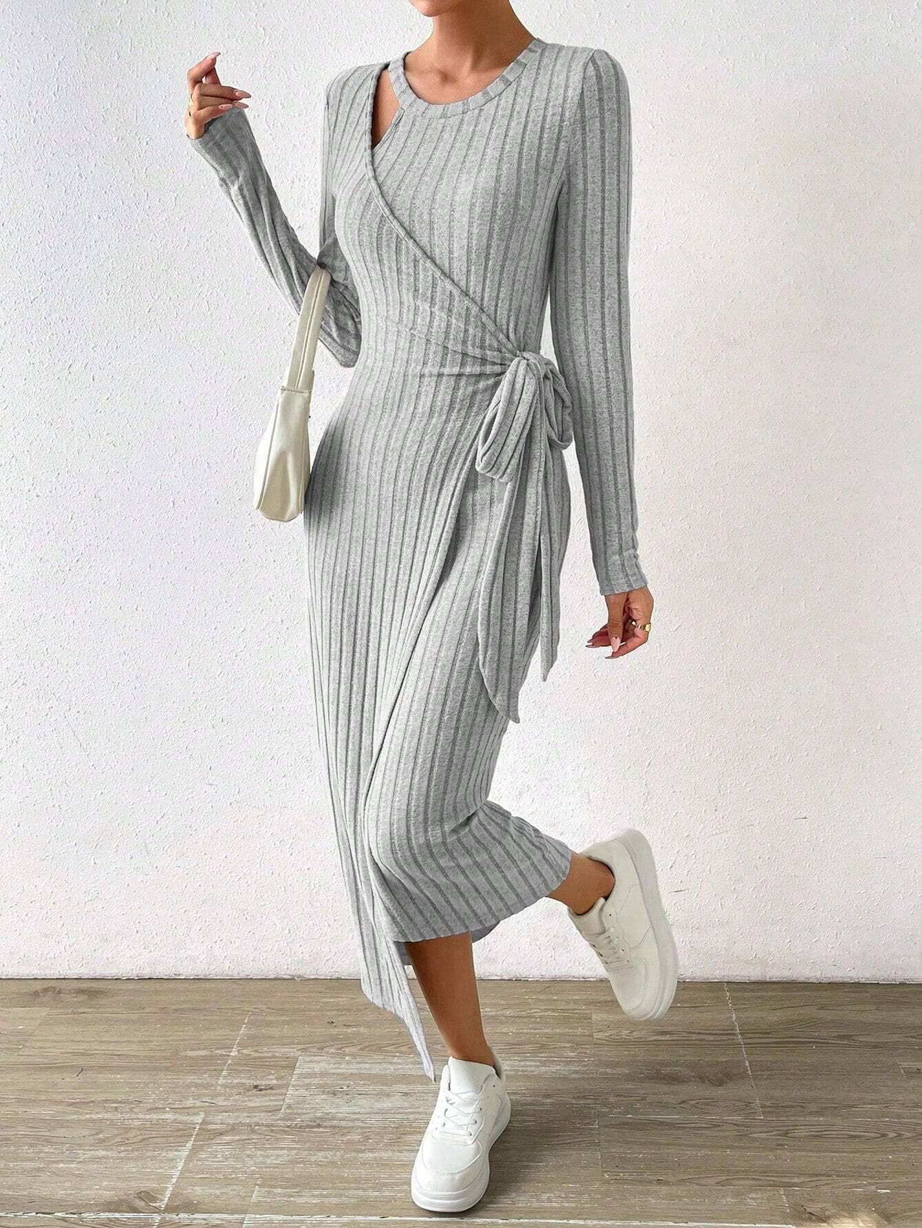 KNIT SOLID COLOR DRESS IRREGULAR LONG DRESS