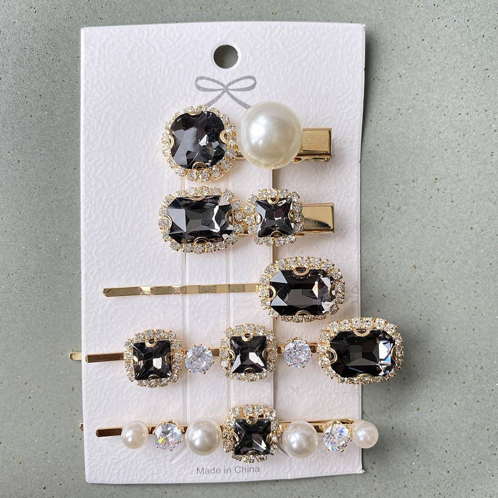 Vintage crystal glass side clip hairpin five-piece set