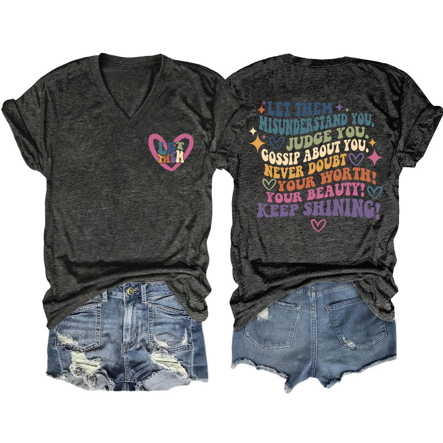 V-neck and fun letters Elegant women's T-shirt