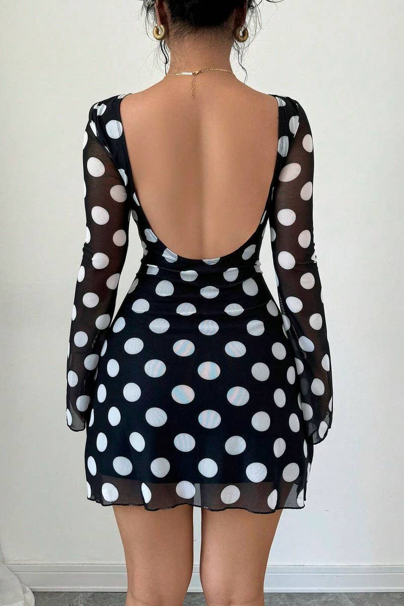 CWDSD8265_POLKA DOT OPEN BACK MESH BELL SLEEVE MINI DRESS