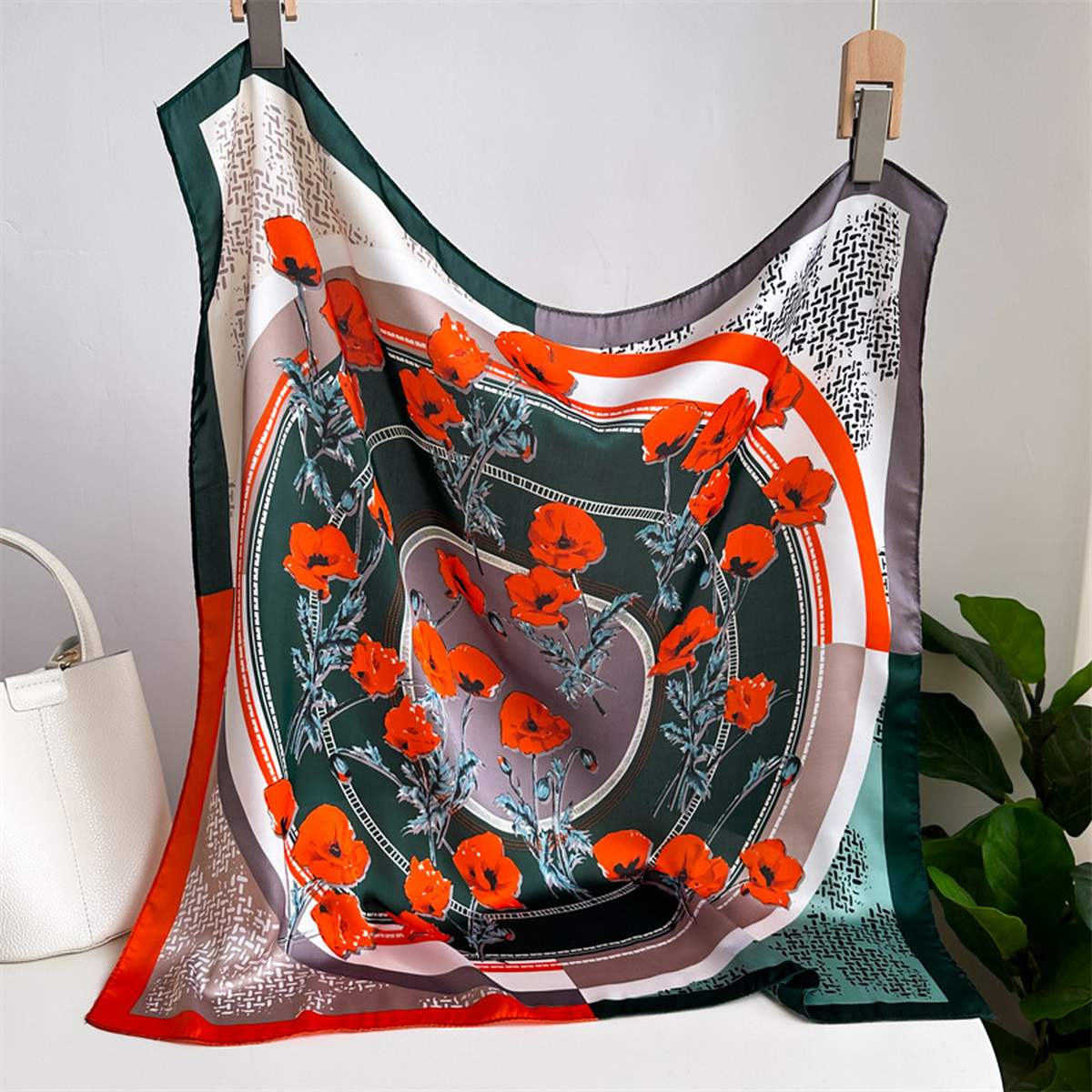 Lily Print Satin Square Scarf for Summer Sun