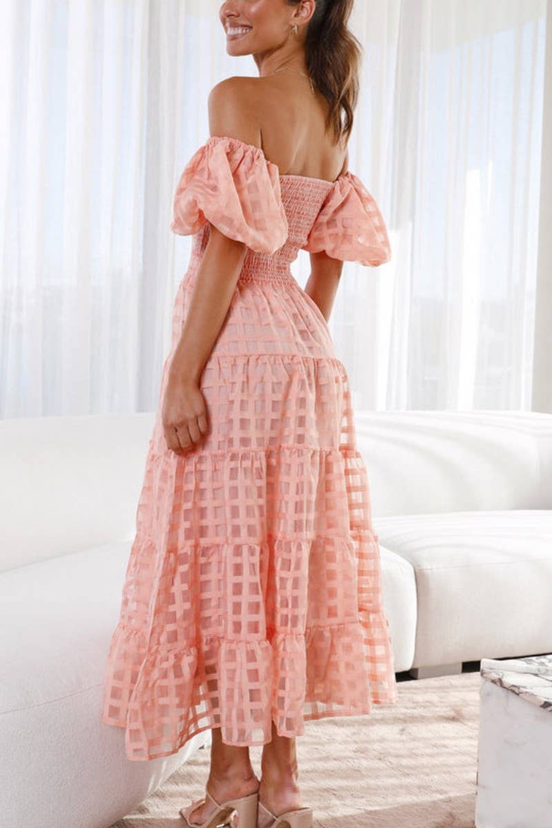 CWDMD5648_OFF SHOULDER LANTERN SLEEVE TIERED RUFFLE DRESS