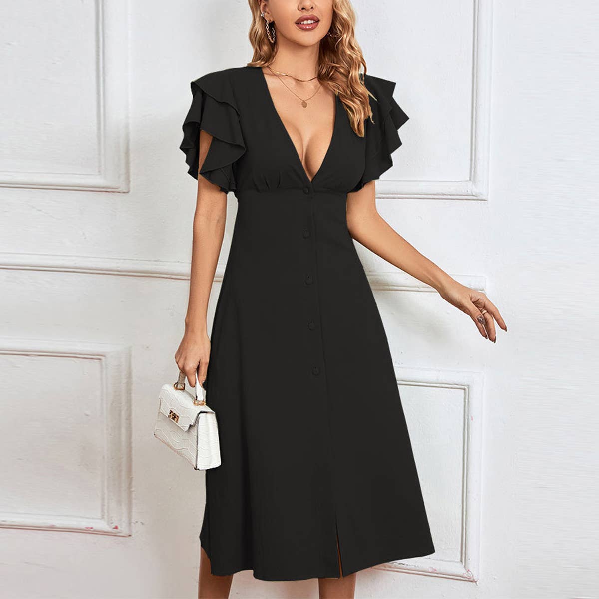 V NECK SEXY BACKLESS BUTTON A LINE MIDI DRESS_CWDSD3248