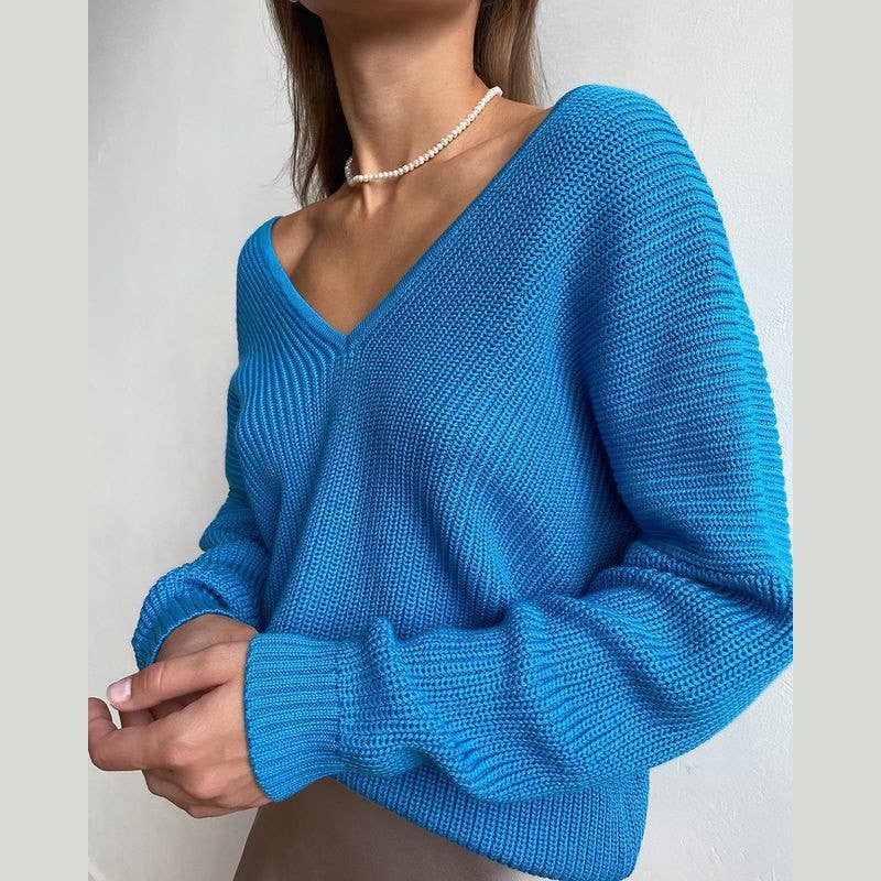 SLOUCHY SOLID COLOR V-NECK PULLOVER SWEATER LADY