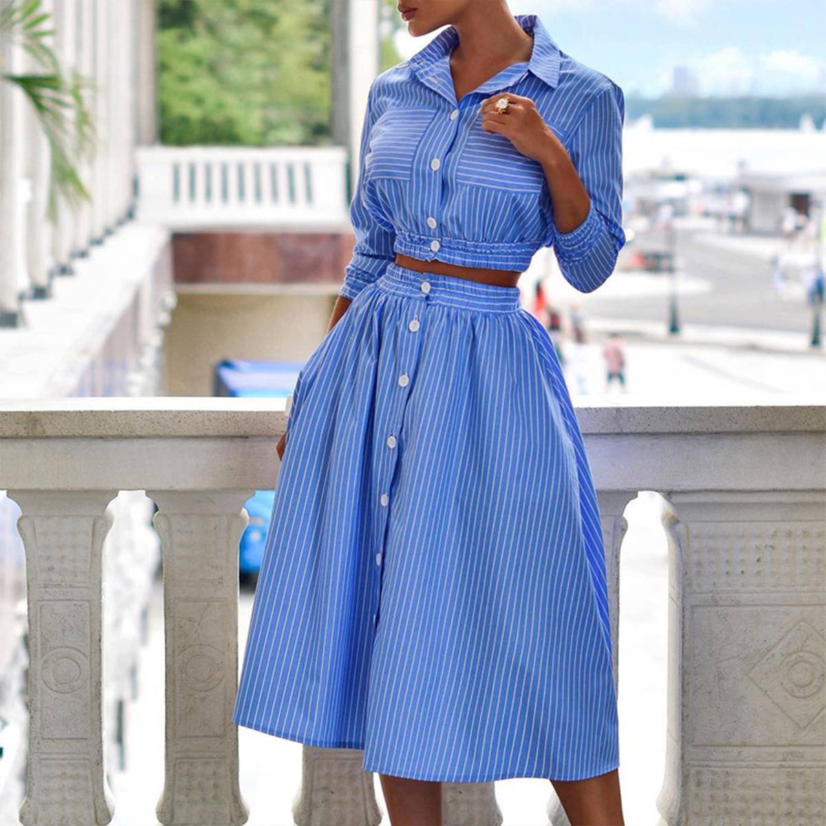 LONG SLEEVE STRIPED SHIRT SKIRT TWO-PIECE SET