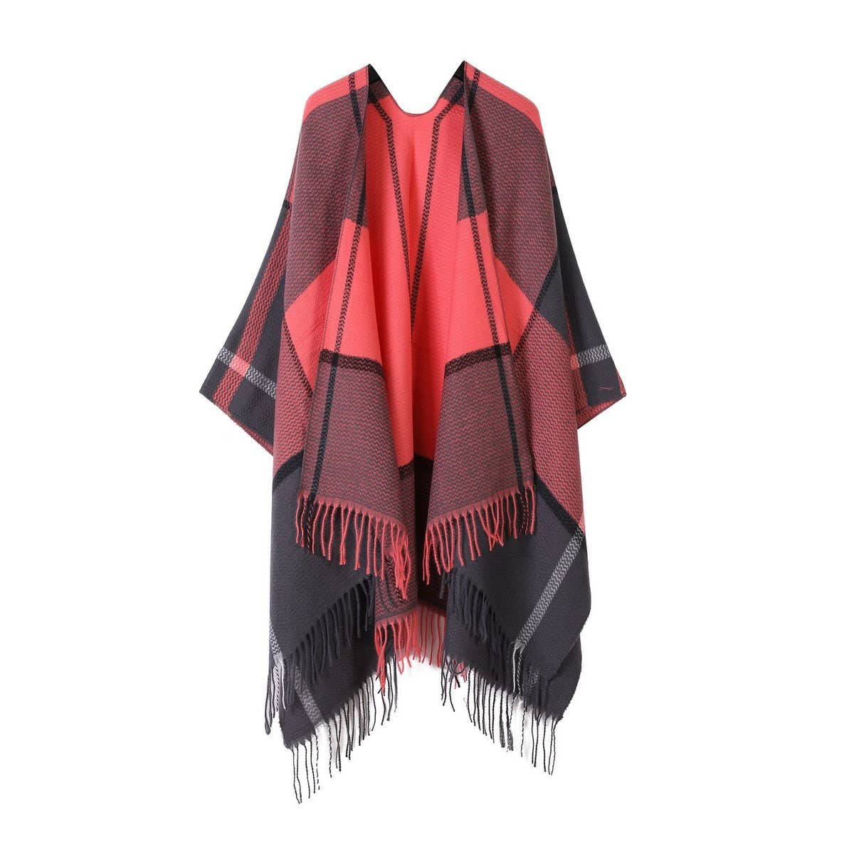 FRINGED SHAWL PLAID SCARF FAUX CASHMERE SLIT CAPE