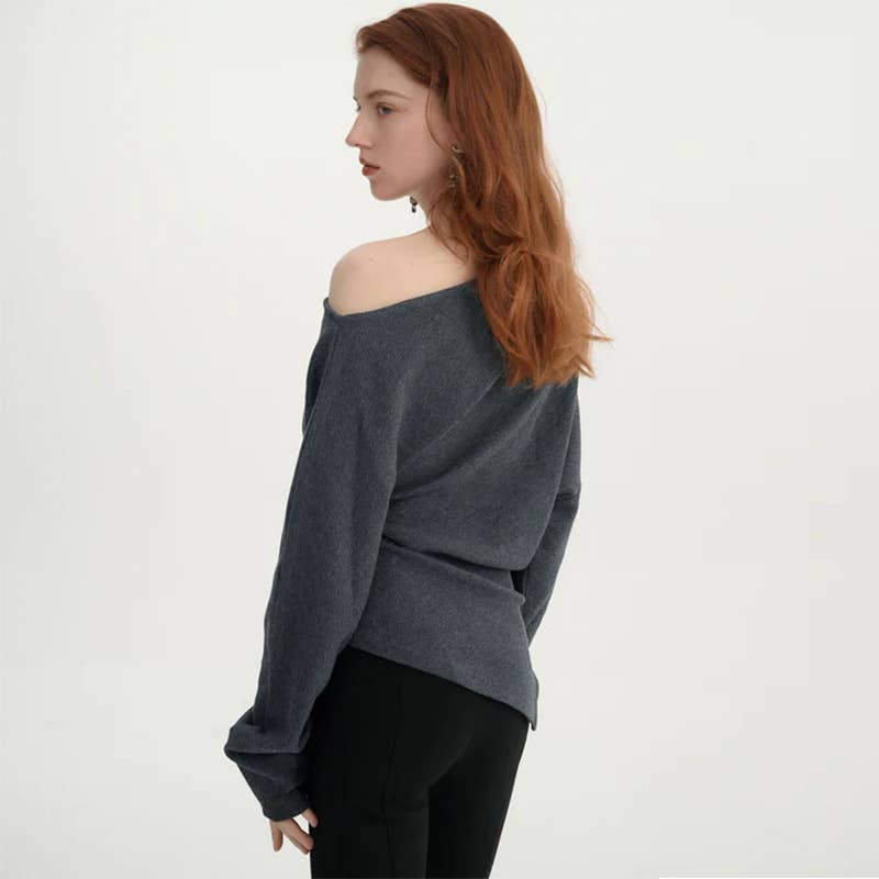 Solid color knit slant shoulder all-in-one casual top