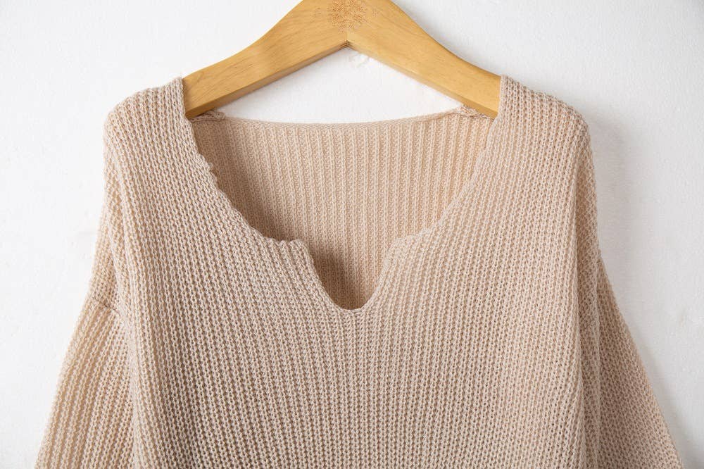 V-NECK SOLID COLOR LONG SLEEVE RUFFLED KNIT