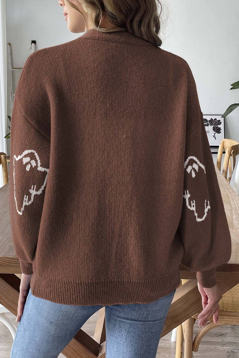 CWOSWL07370_WOMEN HALLOWEEN KNIT CARDIGAN WITH CARTOON PATTE