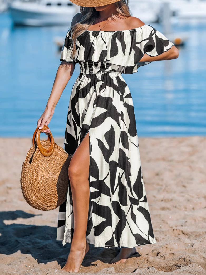 One-shoulder vacation-style leaf-printed dress