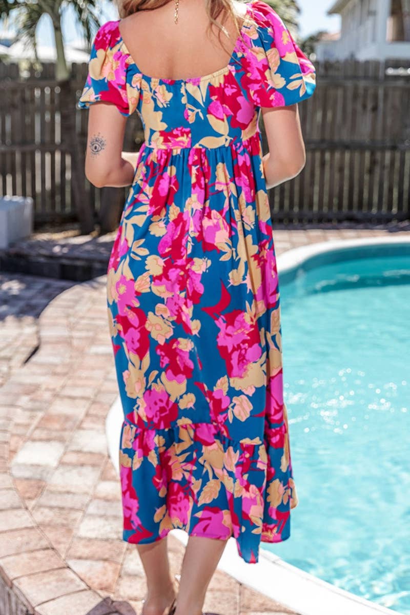 CWDMD3216_SHORT SLEEVE FLOWER HIGH-WAISTED DRESS LONG