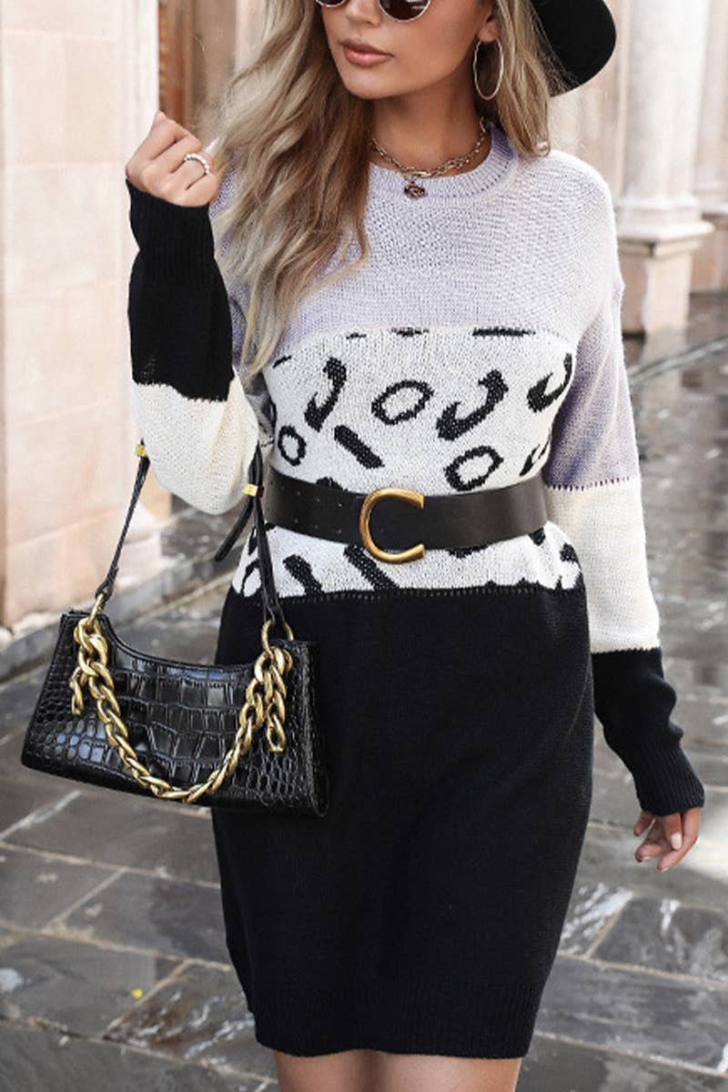 LOOSE LONG-SLEEVED LEOPARD PRINT SWEATER DRESS