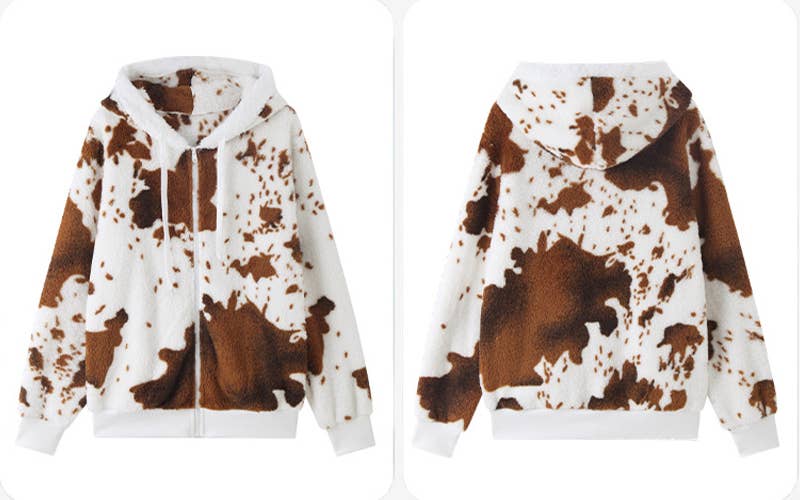 HOODED ZIPPER FLEECE PRINTED CARDIGAN COAT