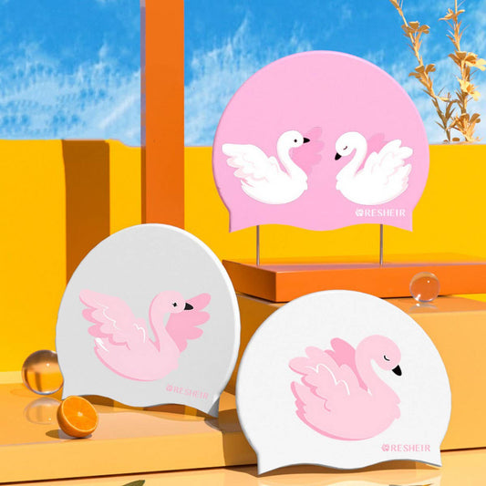 Kids Silicone Swim Cap - Cute Swan Print for Girls