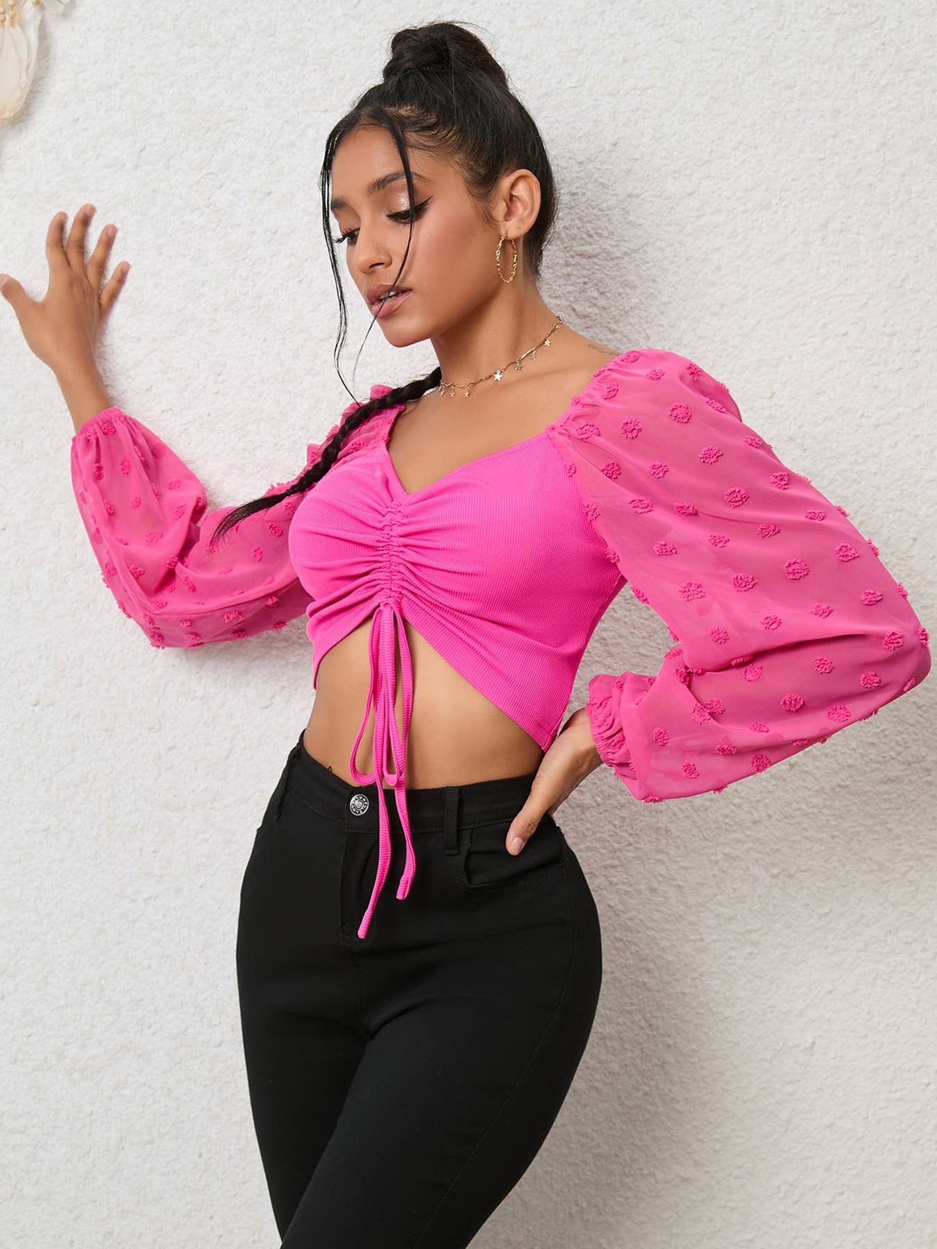 V-neck chiffon drawstring lantern sleeve shirt