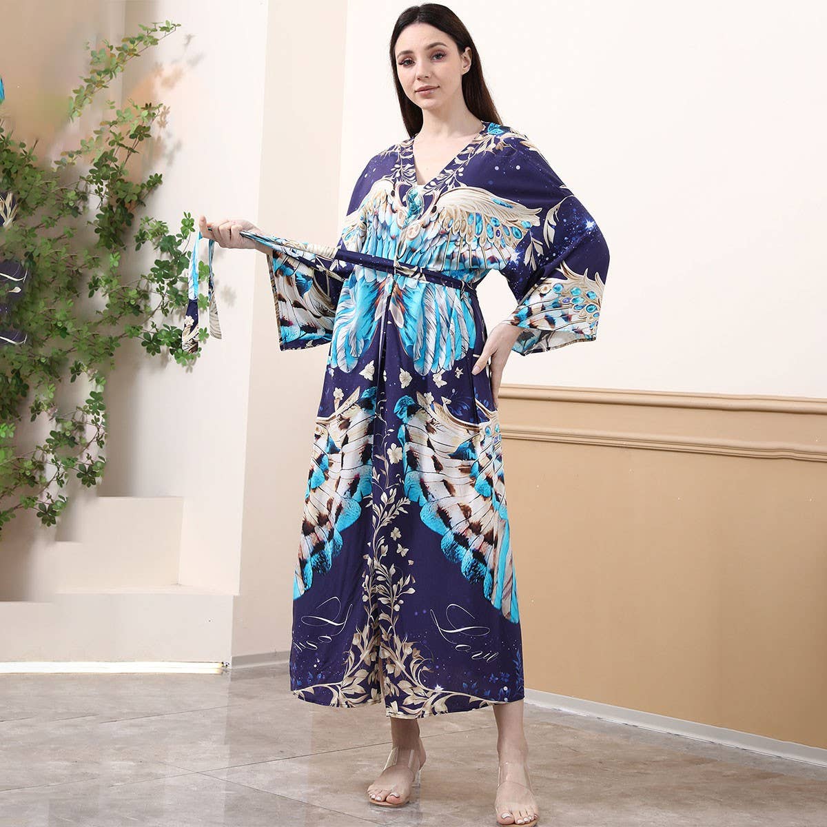 Eagle Print Rayon Beach Kimono Cover-Up
