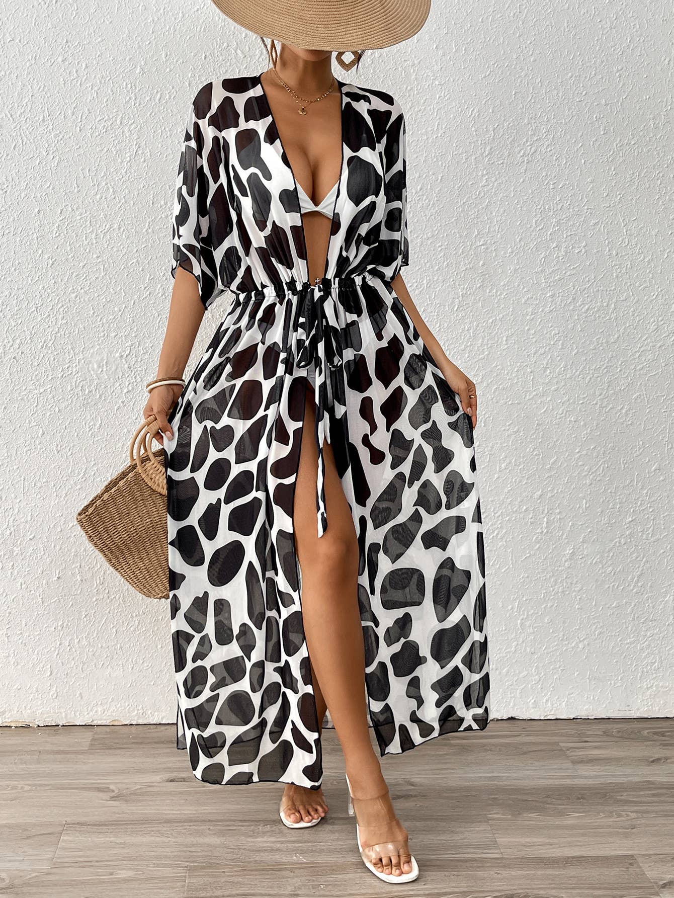 Baggy bat-sleeved tie up waist leopard mesh smock
