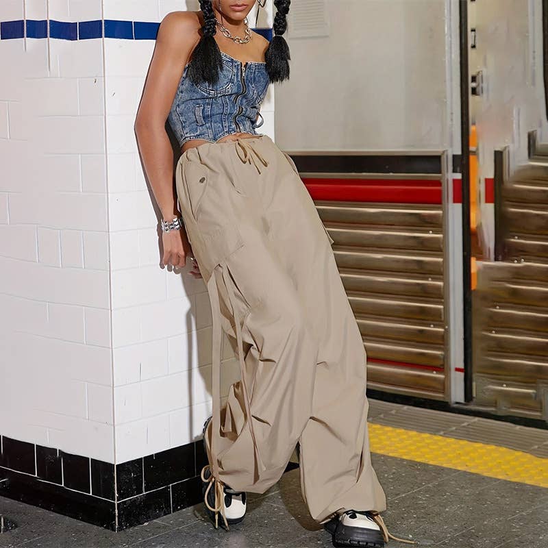 Low-rise drawstring streamers cargo pants