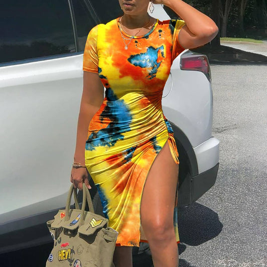 Tie-dye printed crew neck slim-fit dress