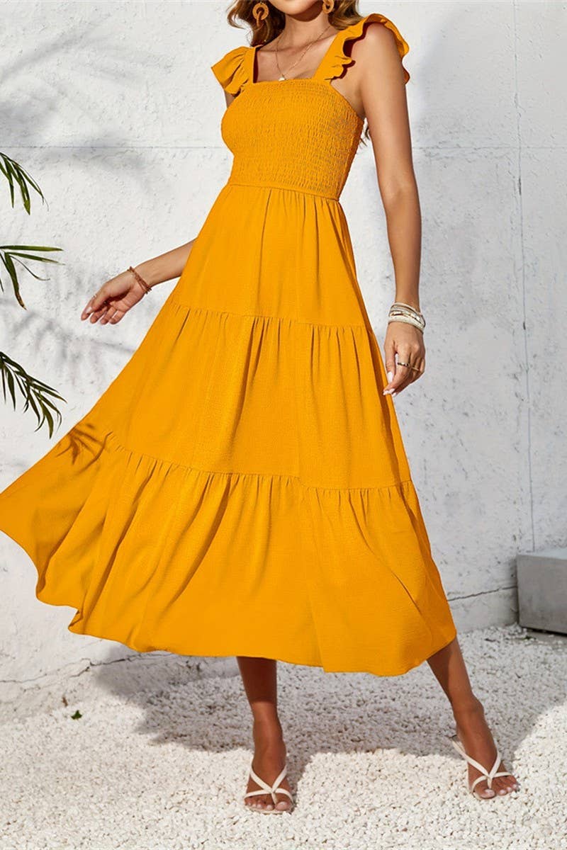 CWDHL0782_RUFFLED FLYING SLEEVES LONG FRENCH SLING DRESS