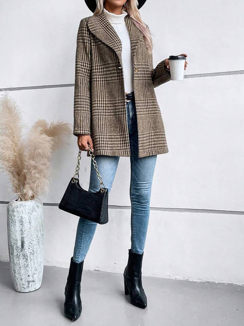 LAPEL WOOL PLAID COAT SLIM TEMPERAMENT COAT