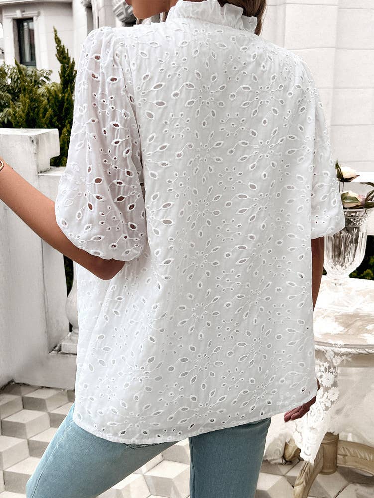 TEMPERAMENT PUFFED SLEEVE EMBROIDERED SHIRT