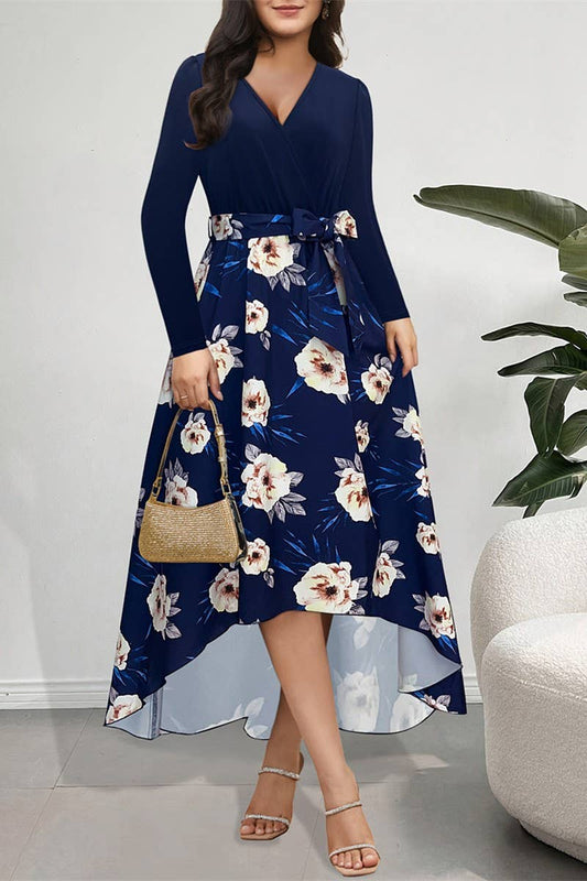 CWDMD5034_IRREGULAR PRINT LONG SLEEVE DRESS WITH BELT