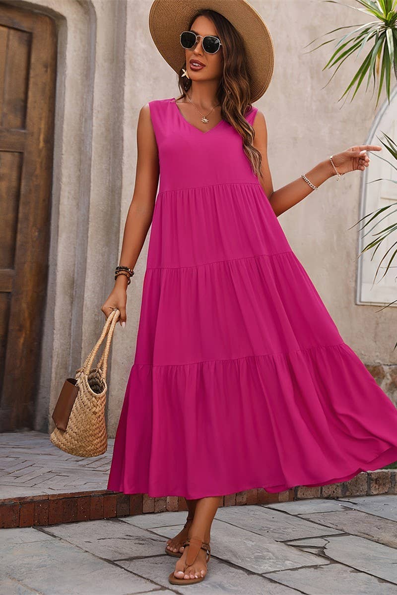 CWDMD4880_SOLID V NECK TIERED HEM SLEEVELESS DRESS