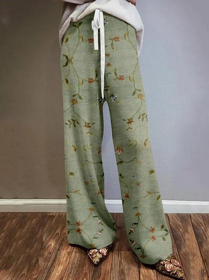 PLANT-FLOWER PRINTED CASUAL WIDE-LEG KNIT PANTS
