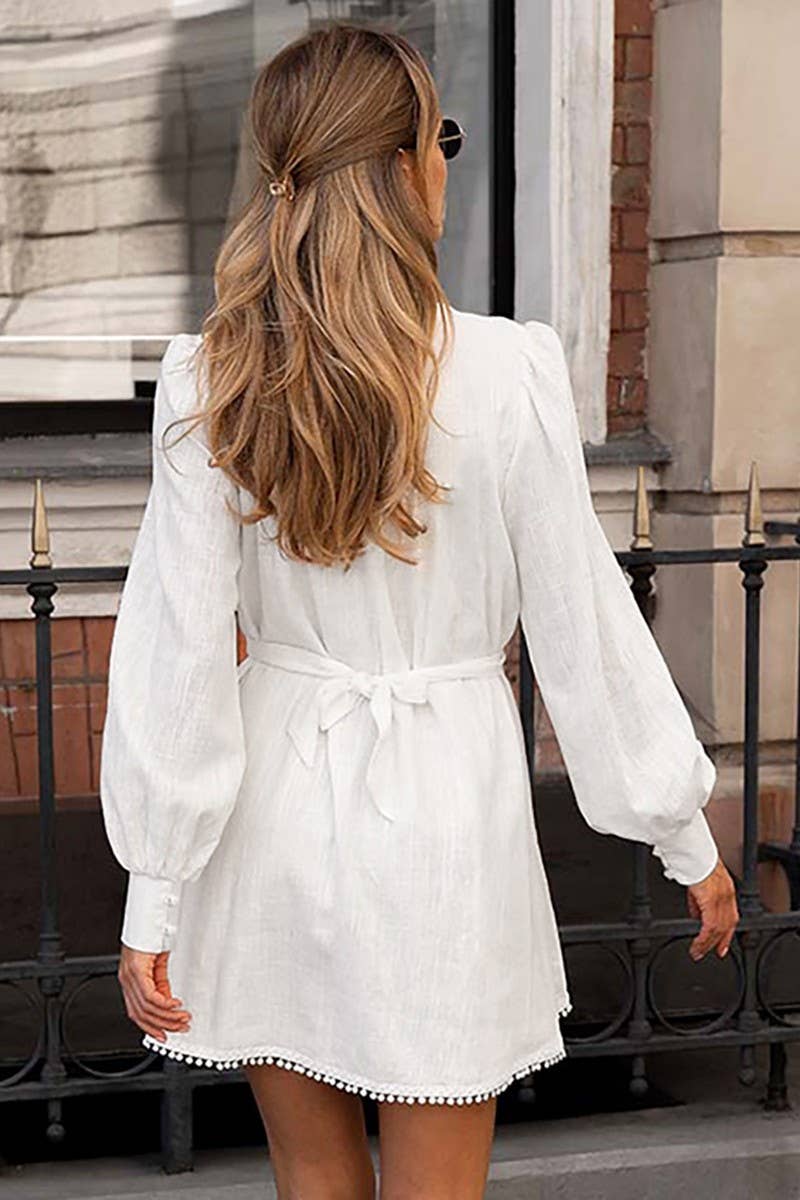 CWDSD6749_WHITE LACE-UP RUFFLE LONG SLEEVE DRESS