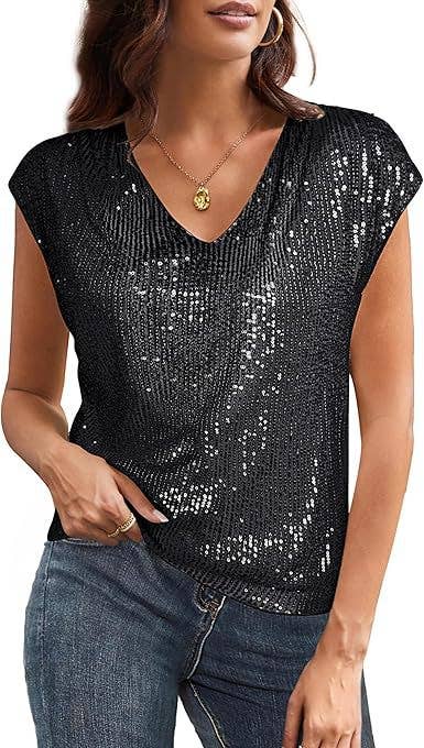 Solid color top rotator cuff sequined V-neck