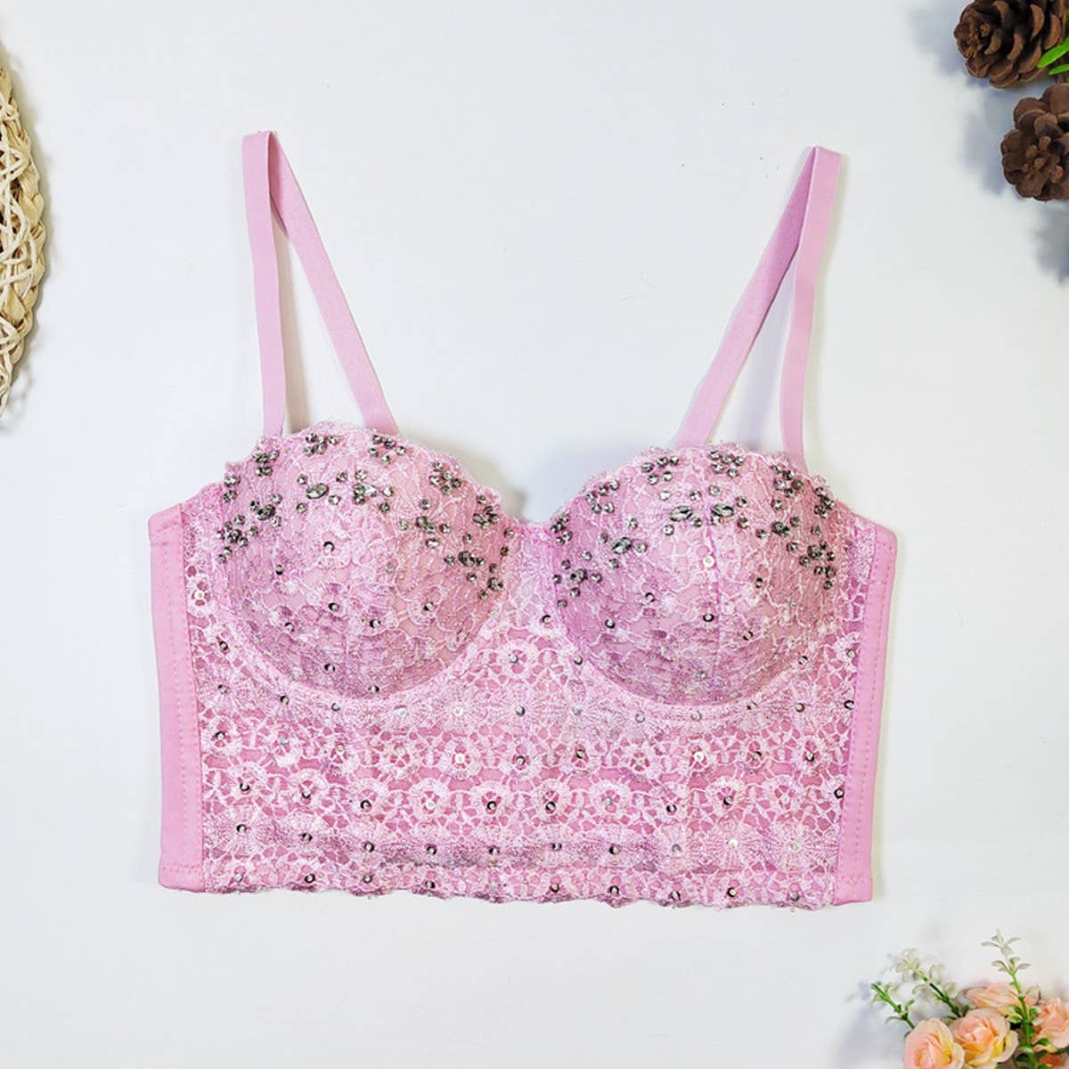 LACE SUSPENDER DIAMOND BEADED HERRINGBONE BRA