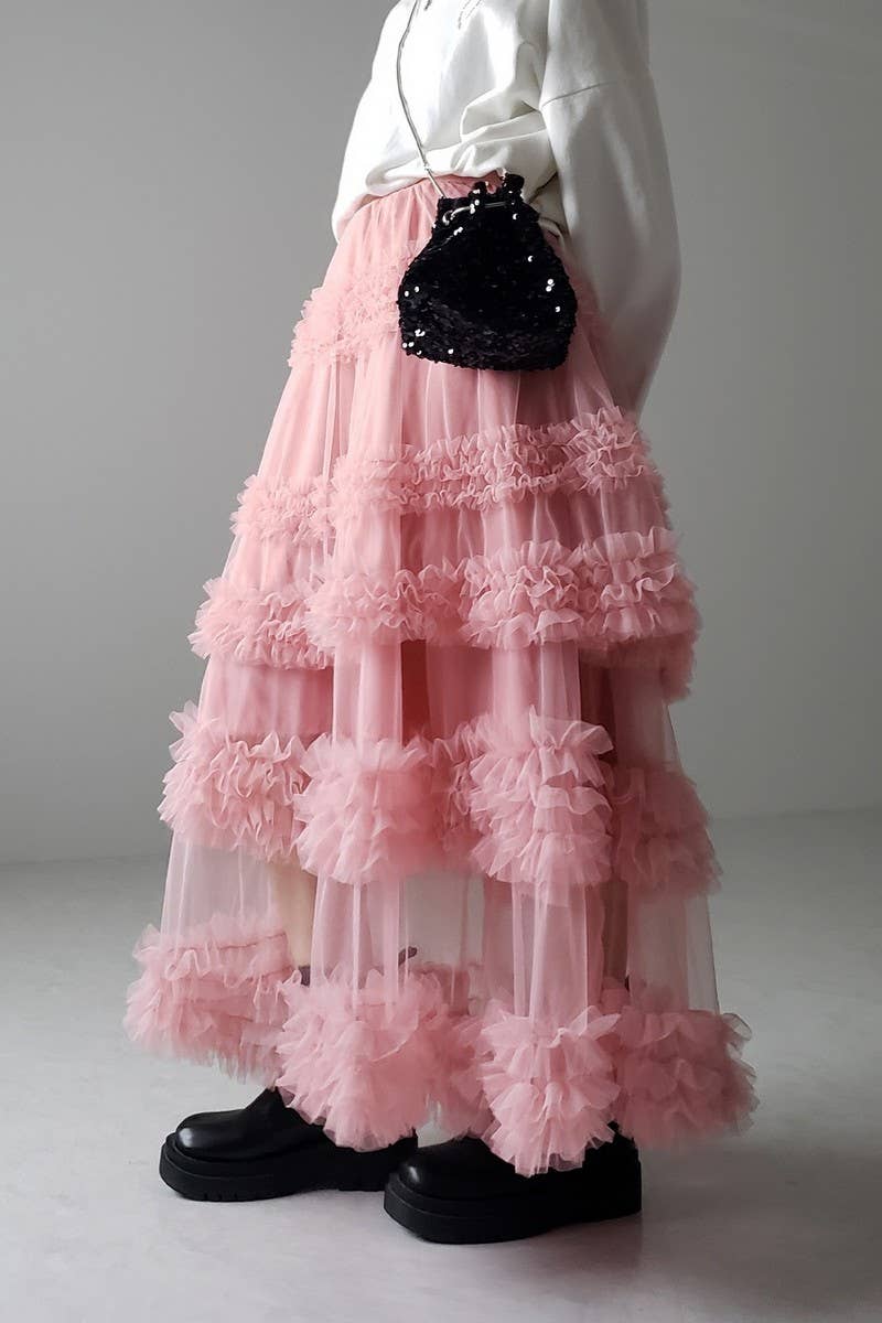 CWBLS00713_SPRING SUMMER LAYERED MESH A-LINE SKIRT