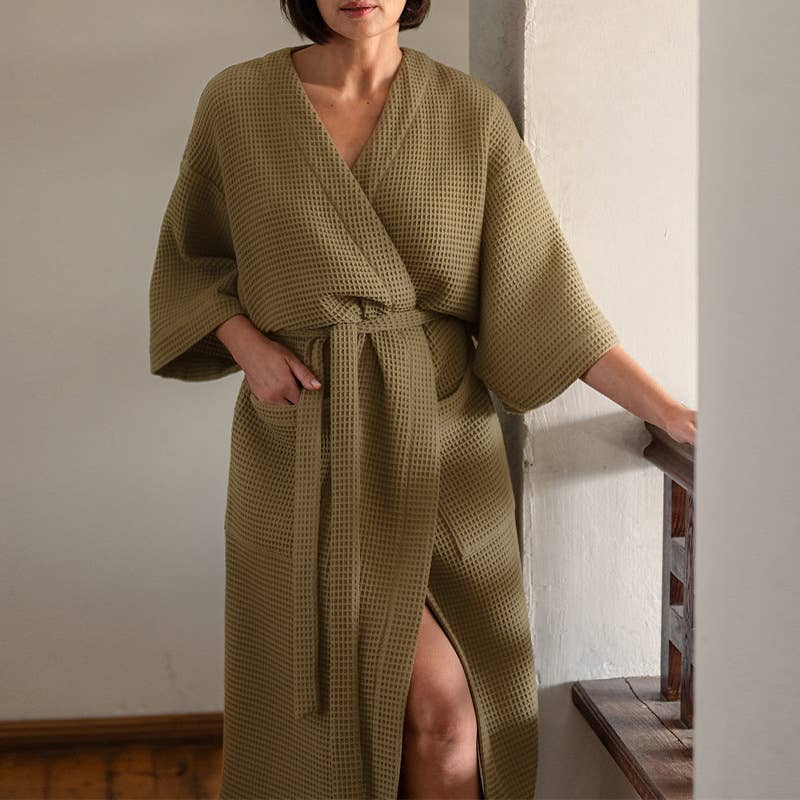 Japanese-style waffle lapel lace-up bathrobe