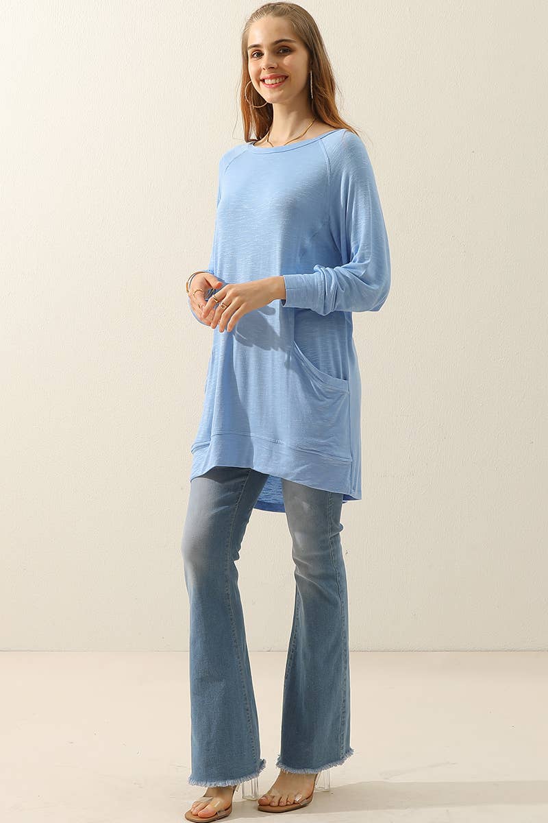 Cwttl1491_R Neck Long Sleeve Slub Long Knit Top With Pockets